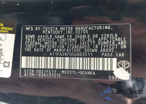 2005 Toyota Camry Solara Se z USA, uszkodzony, nr VIN 4T1FA38P05U063511